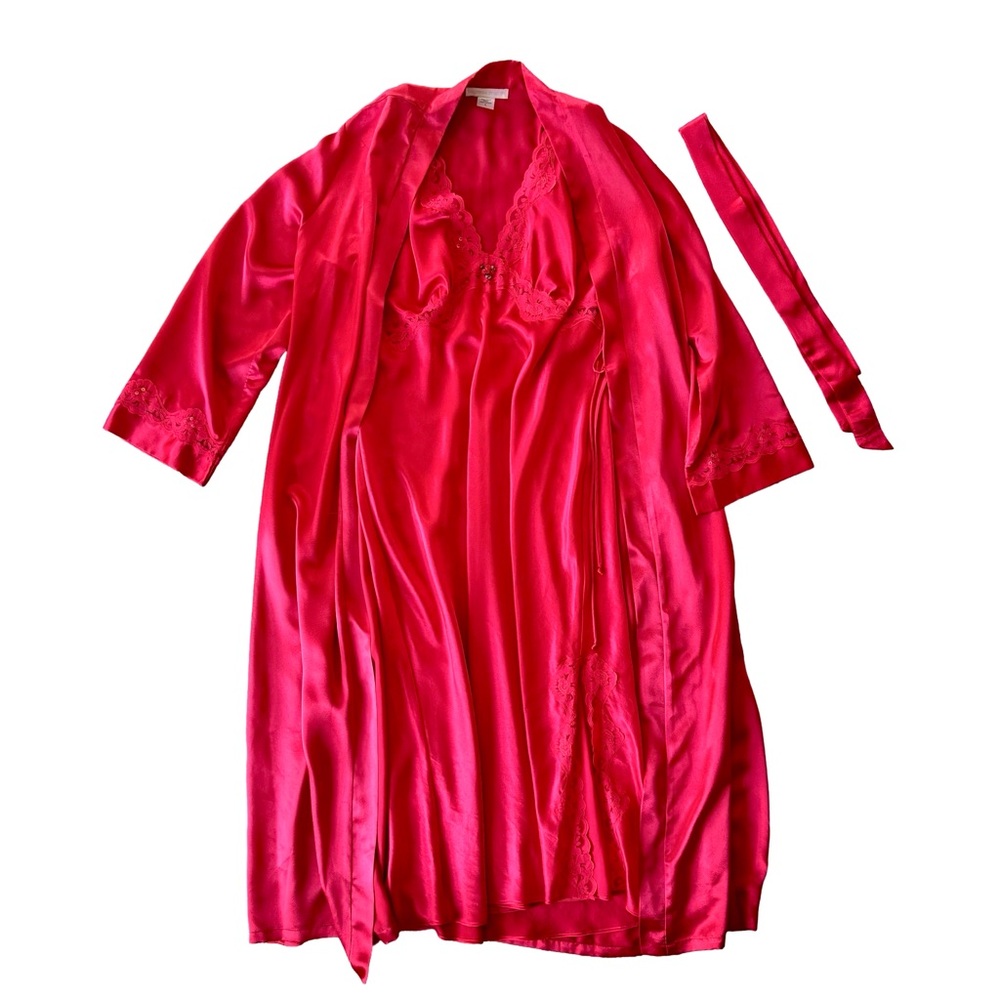 VTG California Dynasty Women’s Red Satin Lace Maxi Slip Dress and Robe Set Sz L